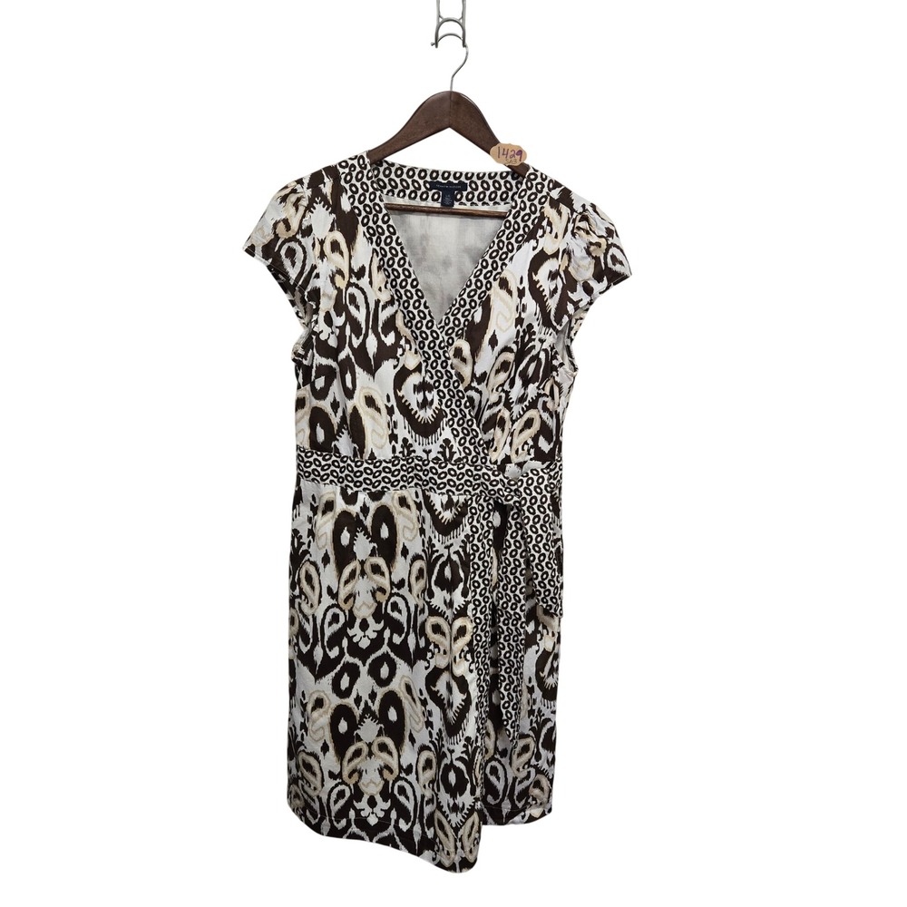 Tommy Hilfiger Womens Brown Ikat Faux Wrap Dress V-Neck Pockets Size L